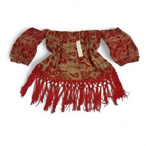 Line & Dot Off Shoulder Top Womens Red Tan Fringe Mesh Geometric